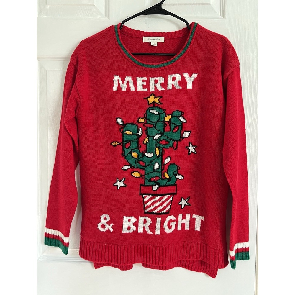 Francescas Ugly Christmas Sweater Womens Small Red Merry & Bright Cactus Holiday
